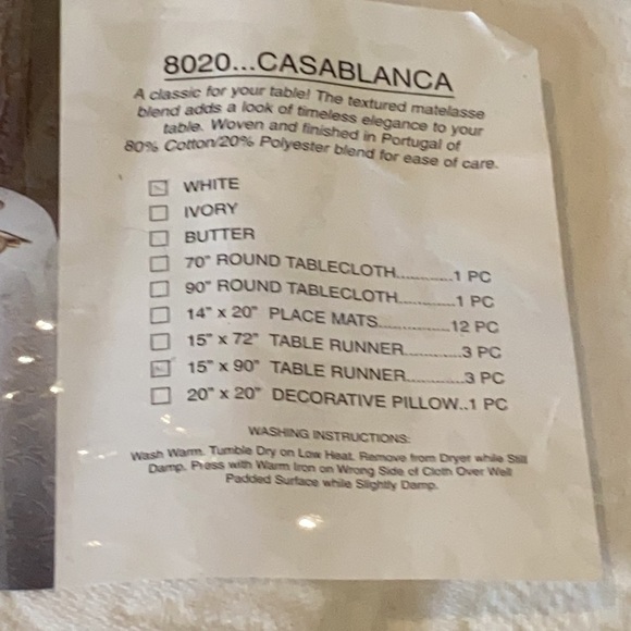 8020 Casablanca 15x19 white table runner - Picture 3 of 7